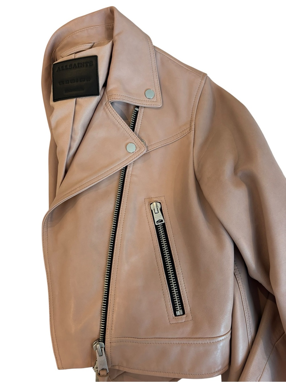 AllSaints Elora Cropped Leather Biker Jacket in Misty Pink Women Size 8 - Picture 3 of 7